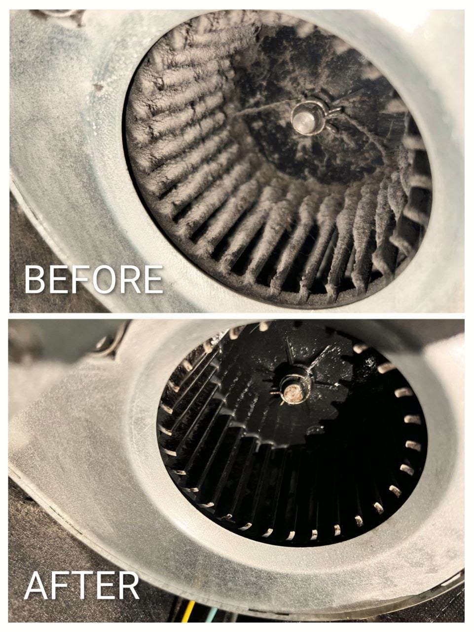 PTAC Unit Deep Cleaning — Before & after blower wheel cleaning for three PTAC units.
