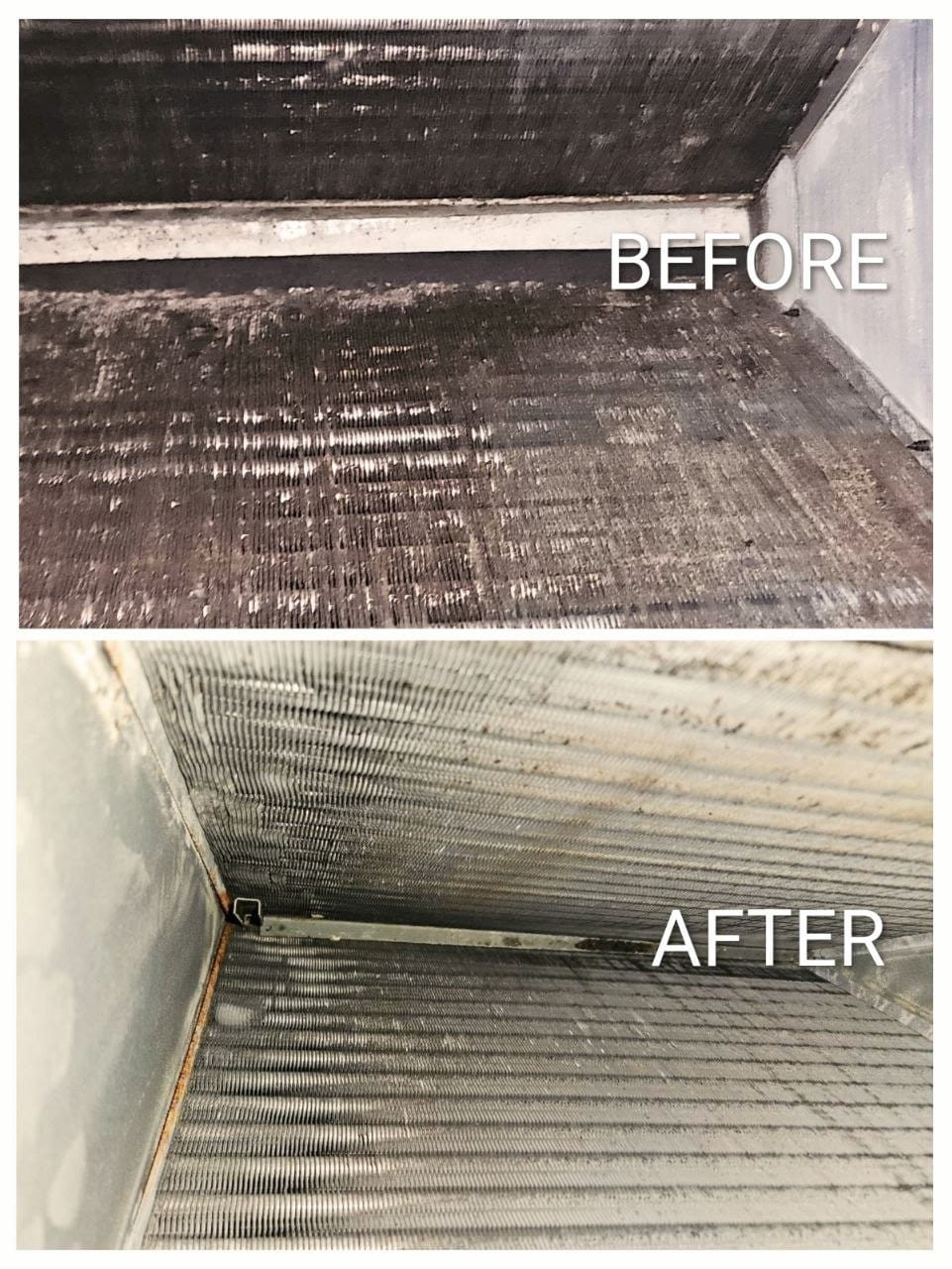 Air Handler Deep Cleaning — Before & after evaporator coil cleaning.