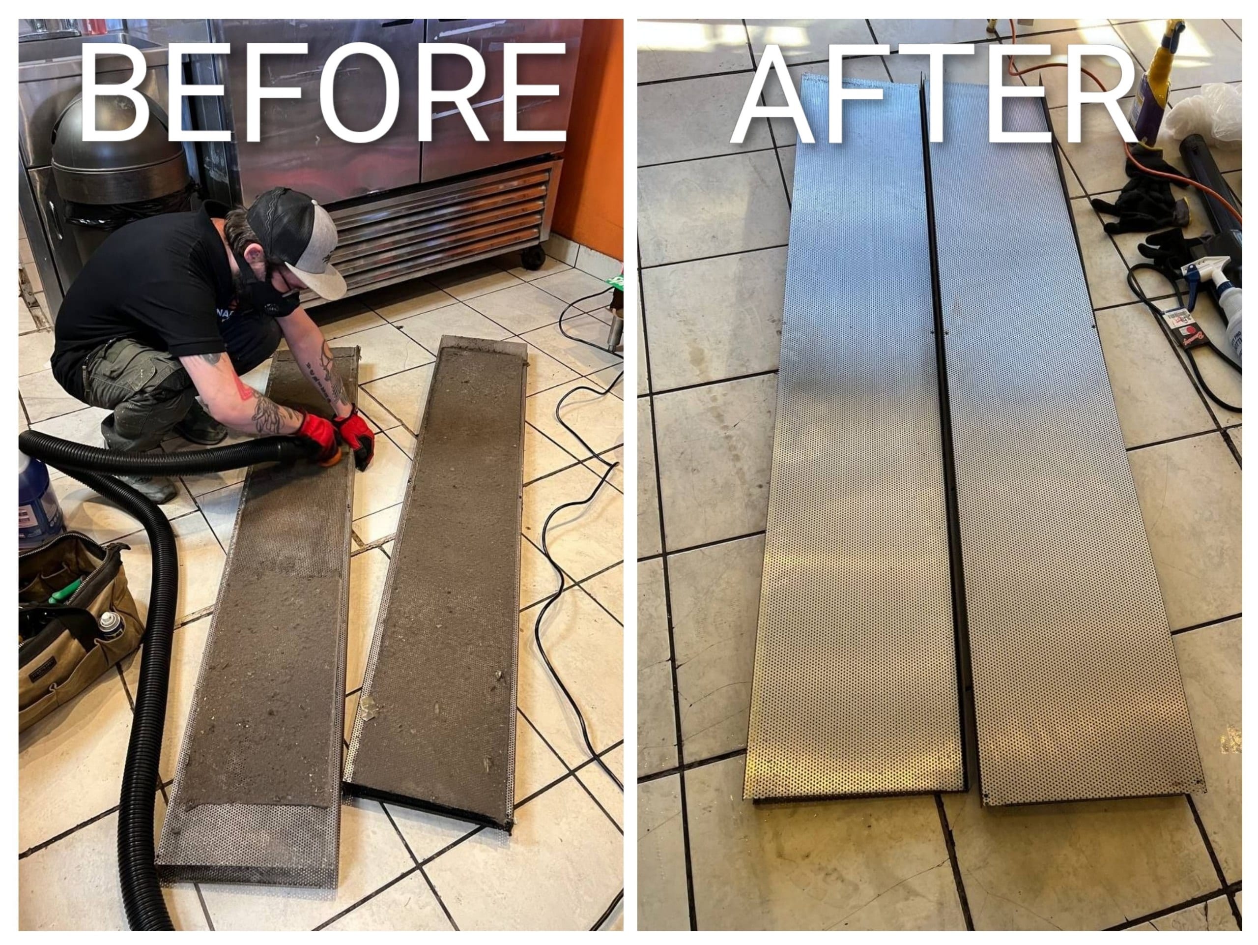 Kitchen Hood Vent Cleaning — Before & after cleaning of grease-covered kitchen hood vents in a restaurant.