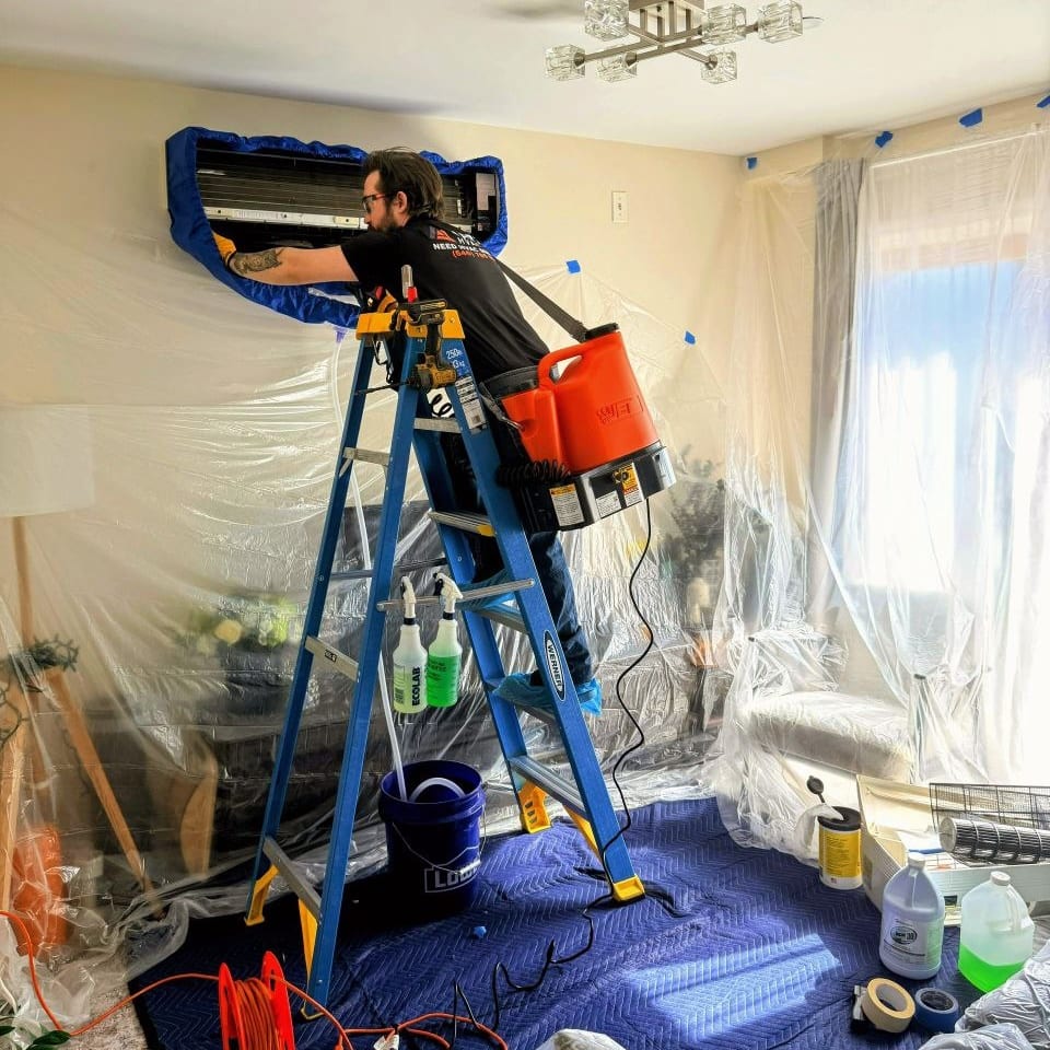 Deep cleaning of three Daikin wall-mounted units — full disassembly with blower wheel removal. All surrounding surfaces carefully protected before cleaning.