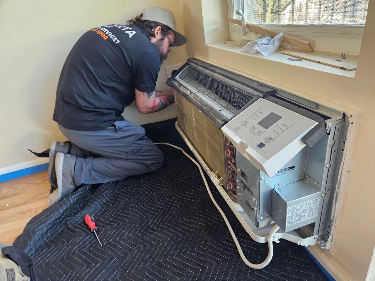 Repair of a damaged blower wheel on a newly installed unit after previous construction/installation work.