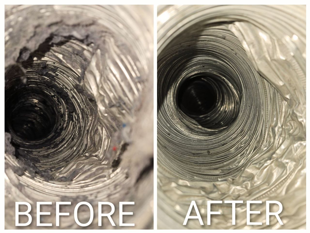 Dryer Vent Cleaning — Before & after photos of the dryer vent duct cleaning.